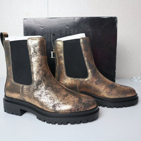 LAUREN RALPH LAUREN Gold Distressed Lug Sole Goring Corinne  Block Heel Booties - Picture 2 of 12